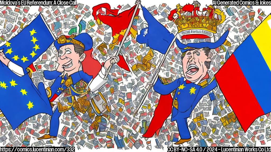 Draw a cartoon style picture of a person holding a ballot box with a surprised expression, surrounded by flags representing Moldova and the European Union, with a subtle hint of a Russian flag in the background, indicating the influence of external forces.