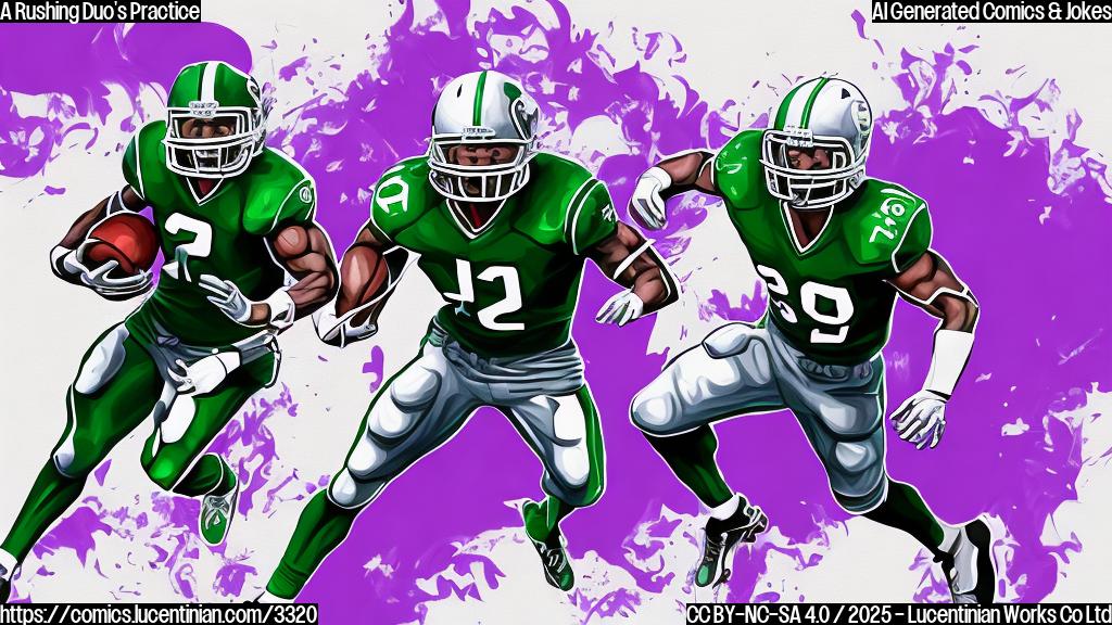 Two cartoon running backs, one in purple and one in dark-green uniforms, practicing elaborate footwork drills in a plain white background. Simple line art, no shading.