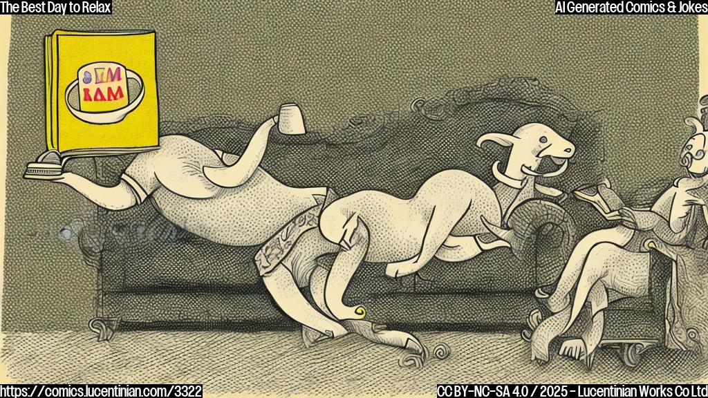 A simple cartoon of a ram wearing pajamas relaxing on a couch with a book and a cup of tea, in a plain yellow background.