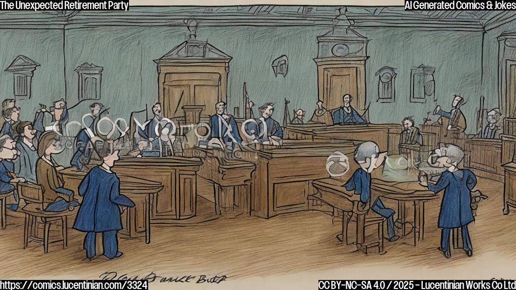 A simple cartoon drawing in muted blues and greens, showing a gavel shaped cake on a table in a courtroom setting.  Several stick figures in suits and robes are around the table, smiling, with one stick figure resembling a judge cutting the cake. The style should be reminiscent of a simple children’s book illustration.