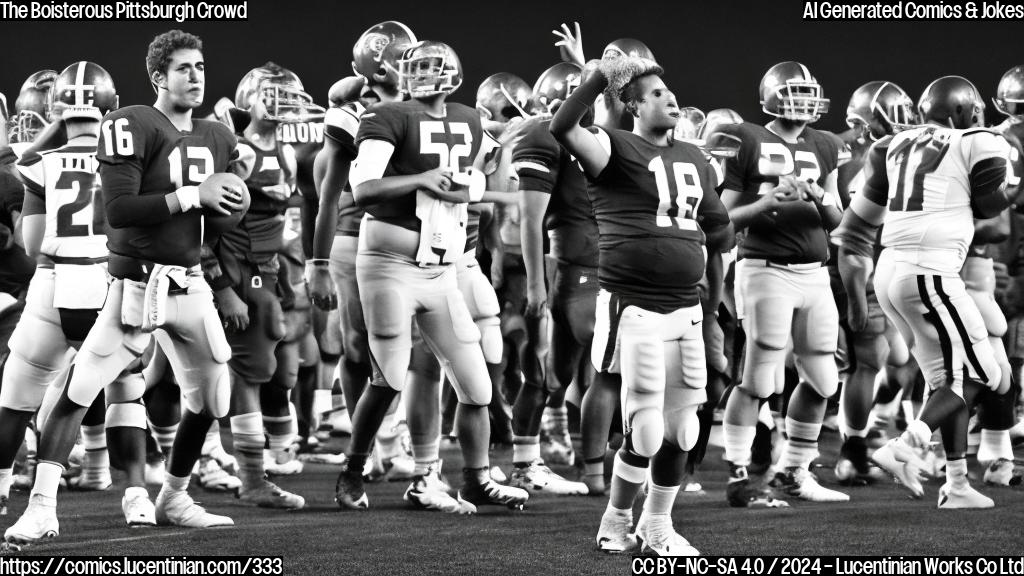 A confident, seasoned quarterback standing on a football field under bright stadium lights, surrounded by an unforgiving sea of disapproving faces. The crowd's angry murmurs create a loud hum in the background, while the quarterback holds up a football like a badge of honor.