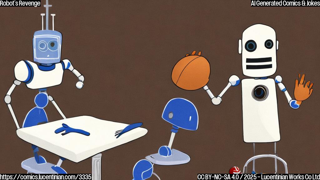 A simple plain color cartoon of a robot sitting at a table with a football helmet and a worried expression. The background is a plain color.