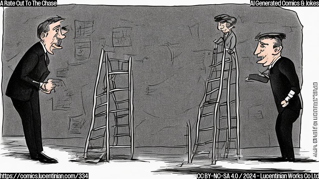 Draw a cartoon of a central banker standing on a ladder, with a chart showing increasing interest rates in the background. The central banker should be holding a briefcase and wearing a serious expression.