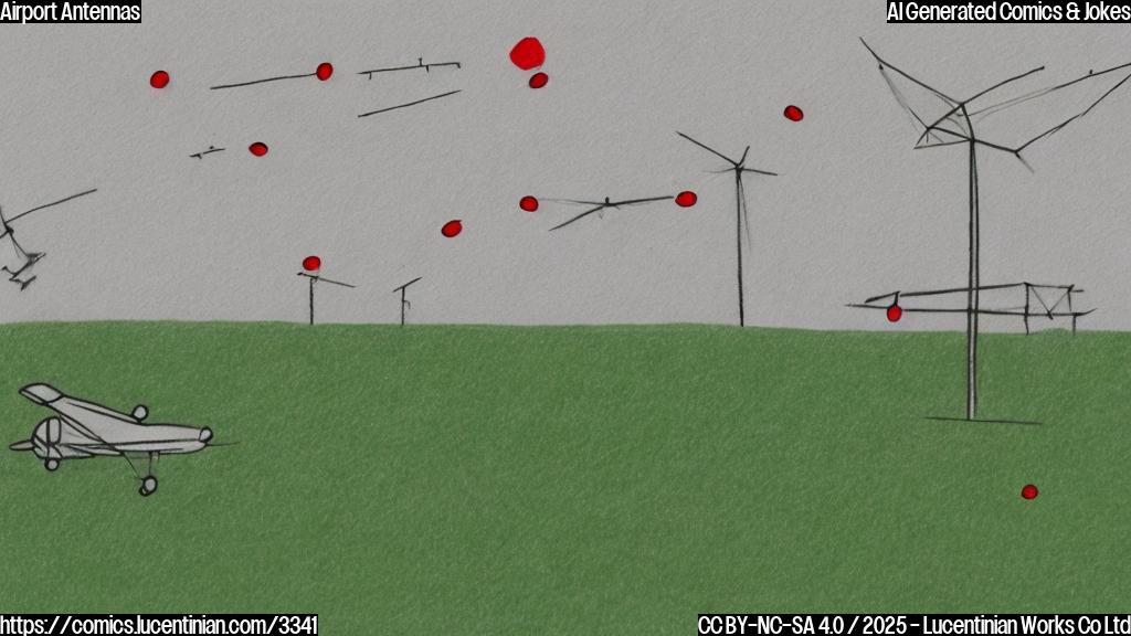 A simple cartoon drawing of an airplane flying above a field with airport antennas. The airplane is a simple red shape, the antennas are simple black lines sticking out of the ground. The field is simple green.