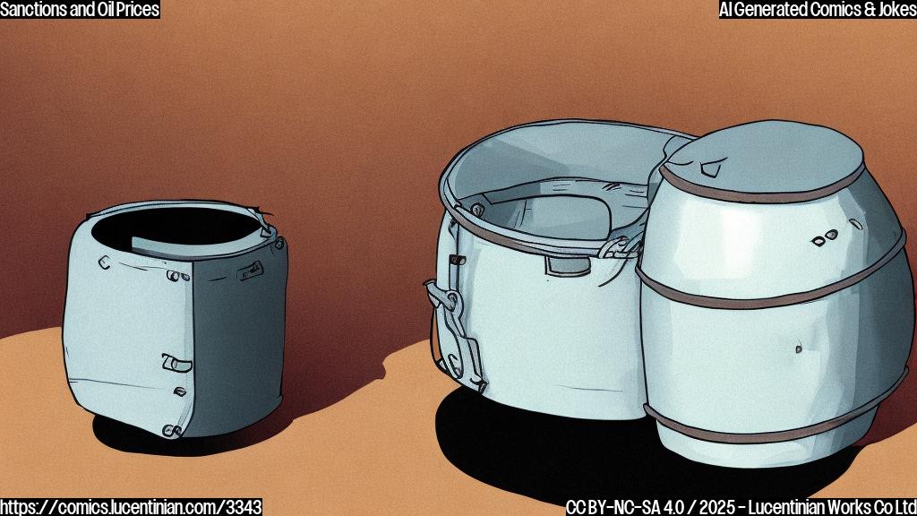 A cartoon of an oil barrel sitting on a therapist's couch, looking worried. The barrel is plain light brown with a plain black lid. The therapist is a simple oval shape for the head with two simple eyes and a plain black rectangle for the body. The background is a plain light blue.