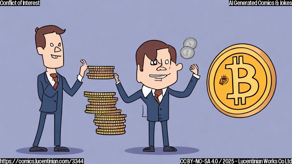 A simple cartoon of a person in a suit, looking conflicted, standing next to a stack of coins with a bitcoin symbol on them. The background is a plain light blue.  The style should be simple, with flat colors and minimal details. No gradients, use only plain colors.