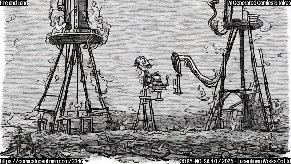 A cartoon drawing in plain colors of a fire licking an oil derrick. The fire is a friendly face, with big eyes and a smile. The derrick is scared, with eyes wide open. The scene is in a desolate landscape