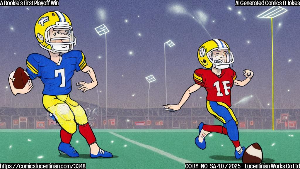 A simple cartoon drawing in flat colors, showing a young man with a determined expression, wearing a football uniform, pointing towards a field goal kicker kicking a ball towards a goalpost in a football stadium during night. The background is flat dark-blue with some subtle details of night stadium lights.  The style is simple and clean, no shading or complex textures.