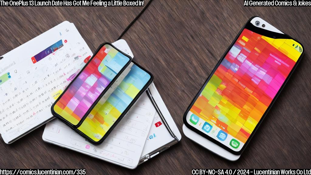 A colorful smartphone with three distinct colored stripes, one of each primary and secondary colors. The phone is shown on a table with a calendar and a phone book in the background, both open to the day of October 31st.