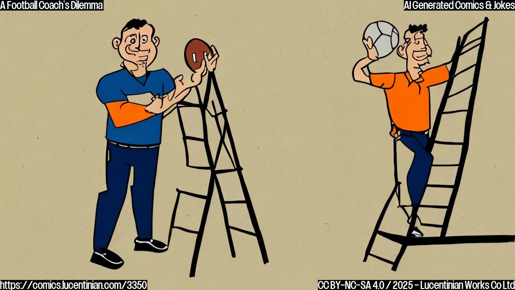 A cartoon drawing of a football coach with a simple ladder, plain background,  simple lines, single color