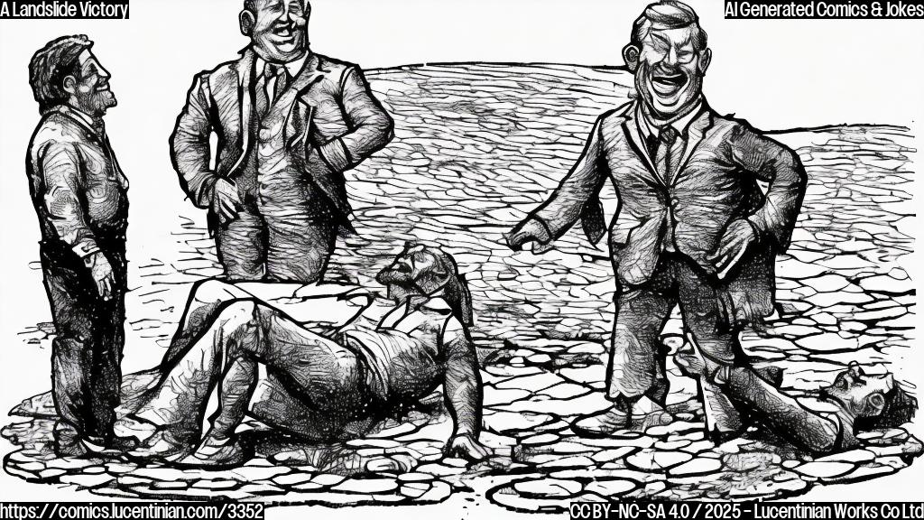 A simple cartoon drawing in plain colors of a smiling politician standing on a pile of mud, looking pleased, and another sad and defeated figure lying down in the mud near him.