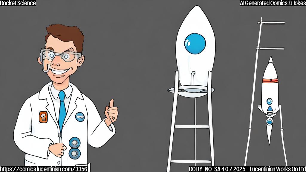 A simple cartoon drawing of a rocket scientist with a goofy smile, wearing a lab coat and goggles, carrying a tall ladder next to a large rocket on a launchpad. The style should be simple, with only a few colors (e.g., black, white, and a light grey) and outlines, no shading or textures. The background should be plain white.