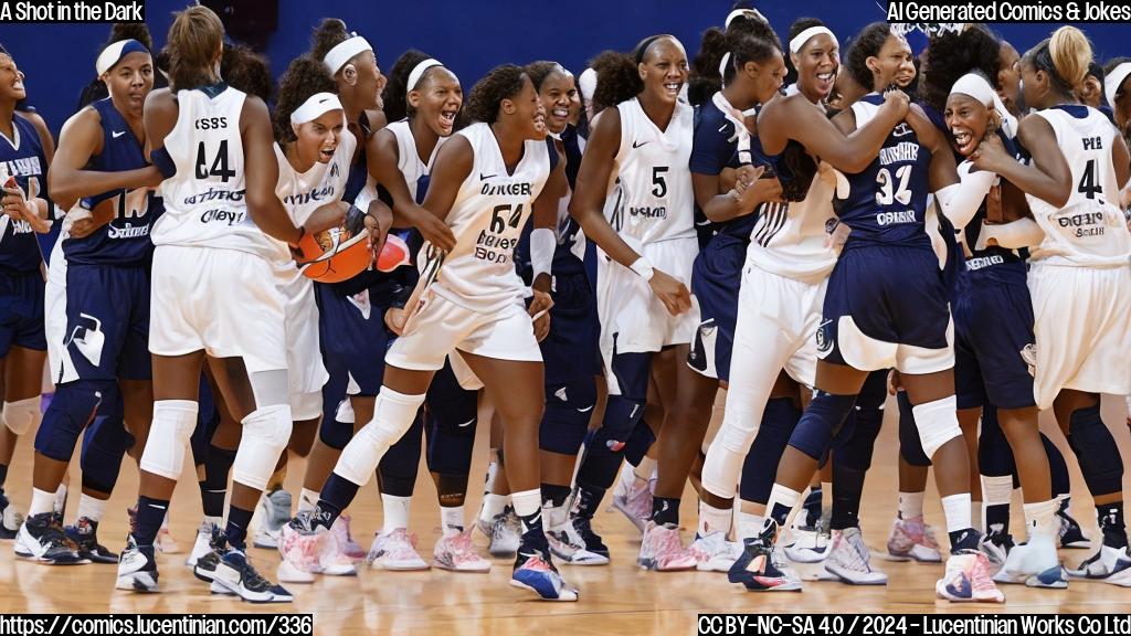 a female basketball player with a determined expression, standing on a court with a basketball hoop in the background, surrounded by teammates celebrating. The player is wearing a WNBA jersey with the number 24 on it.