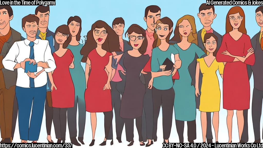 Draw a cartoon-style image of a surprised woman with a puzzled expression, standing in front of a polygamous family with multiple men and women, one of whom is giving the woman a stern look while holding a "Debt" sign.