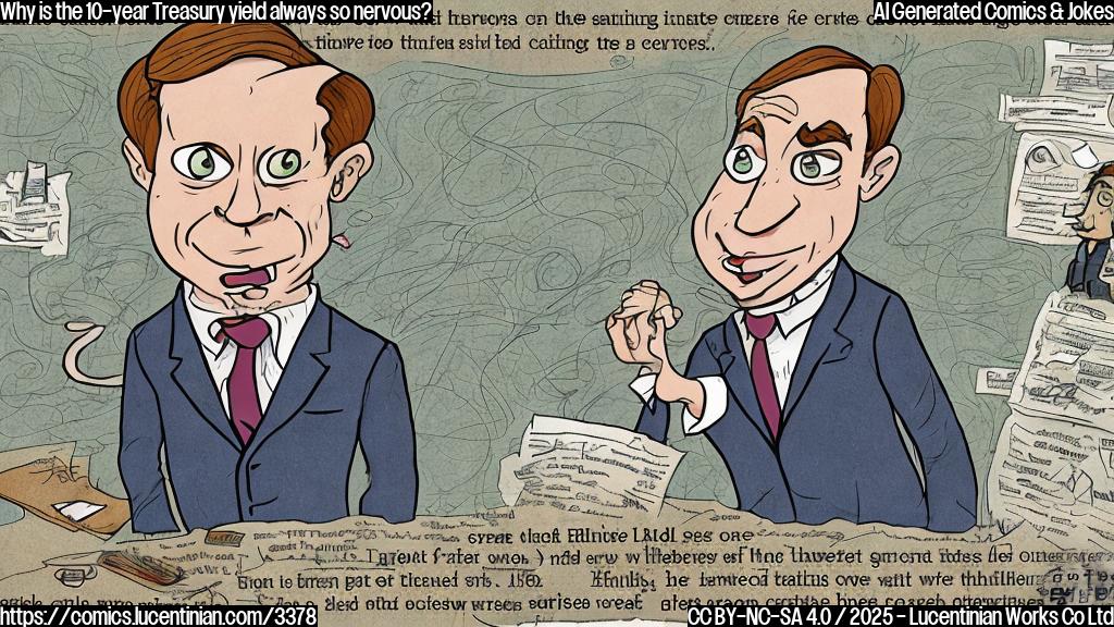 A cartoon of a nervous, cartoonish graph line with worried eyes and sweat drops, wearing a suit and tie, clinging to a chart showing a steep upward trend, drawn in plain color.