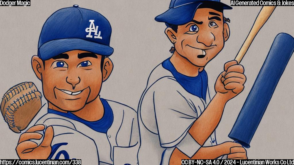 Draw a cartoon style picture of a baseball player standing on a ladder, holding a baseball bat and wearing a Los Angeles Dodgers hat, with a triumphant expression on their face.