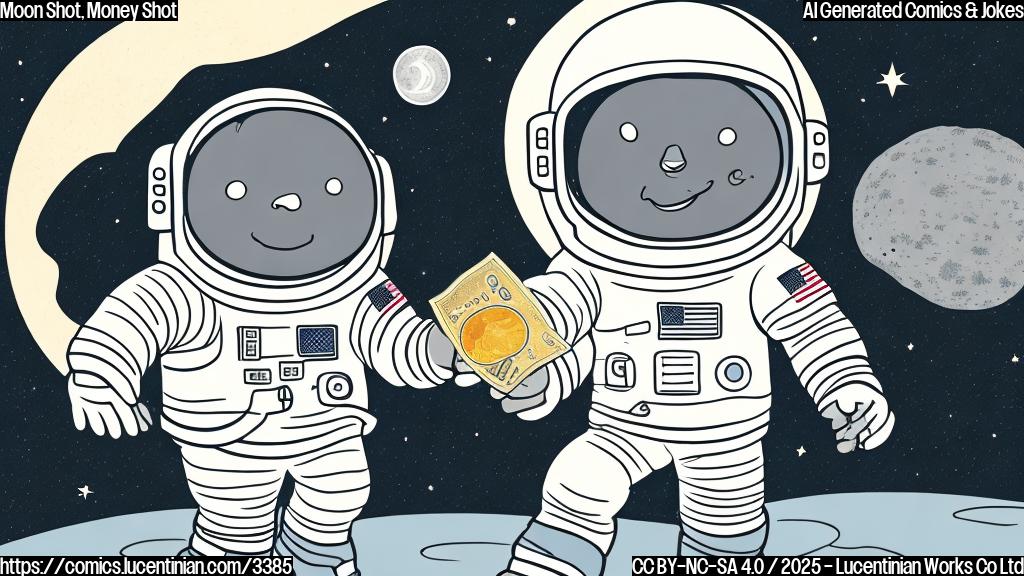 A simple cartoon of a sad astronaut holding an empty money bag, with a cartoon moon in the background. Use only black lines and grey fill. The style should be reminiscent of simple children's books.