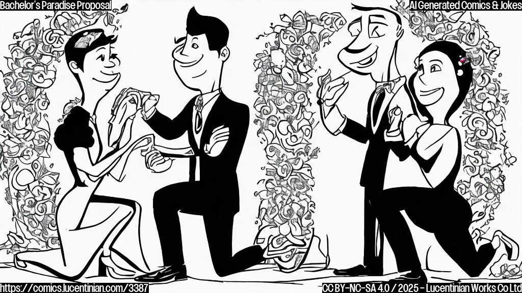 A cartoon drawing of a man in a suit kneeling down on one knee, cartoon style, one knee on the ground, proposing with a ring in front of a cartoon woman, simple background, plain colors