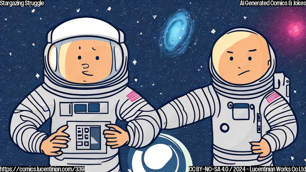 Illustrate a cartoon style picture of an astronaut looking at a galaxy map with a disappointed expression, surrounded by stars and a small black hole symbol.