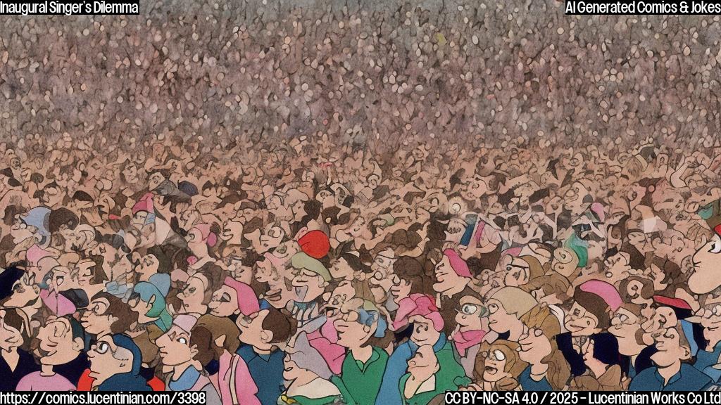 A cartoon drawing of a country singer wearing a large pair of earmuffs while singing on a large stage before a cartoon crowd. The cartoon singer is in a simple country dress with a plain color palette. The crowd is a simple sea of single-color people with different hair colors. All in a flat, simple cartoon style.