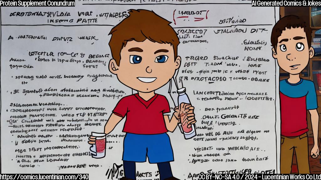 A cartoon of a teenage boy with a worried expression, holding a protein shake bottle and standing next to a struggling student poster. The student poster should have poor grades visible.