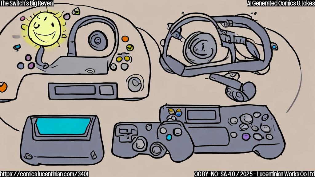 A simple cartoon drawing of a video game console with a large, happy smile, radiating light.  The background should be plain and a light gray. The console is in a plain beige color.