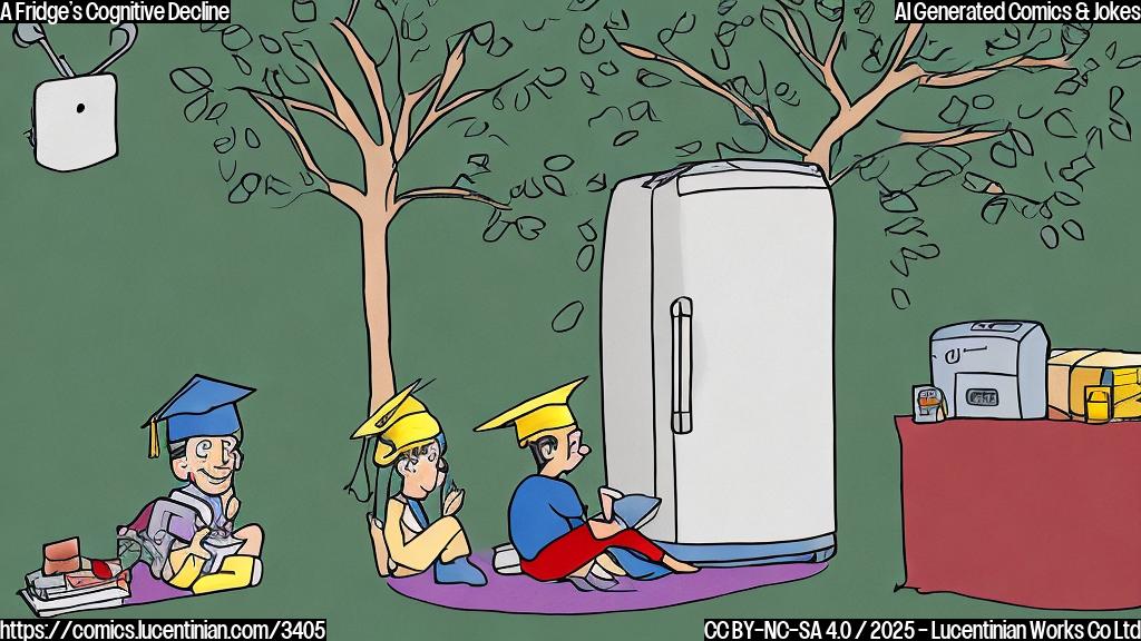 A cartoon drawing of a fridge with a sad face, wearing a graduation cap, sitting under a tree with its refrigerator door open, the background is a plain color.