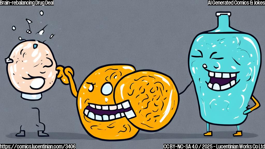 A cartoon drawing of a smiling pill bottle character shaking hands with a brain character in simple color, plain background, simple cartoon style