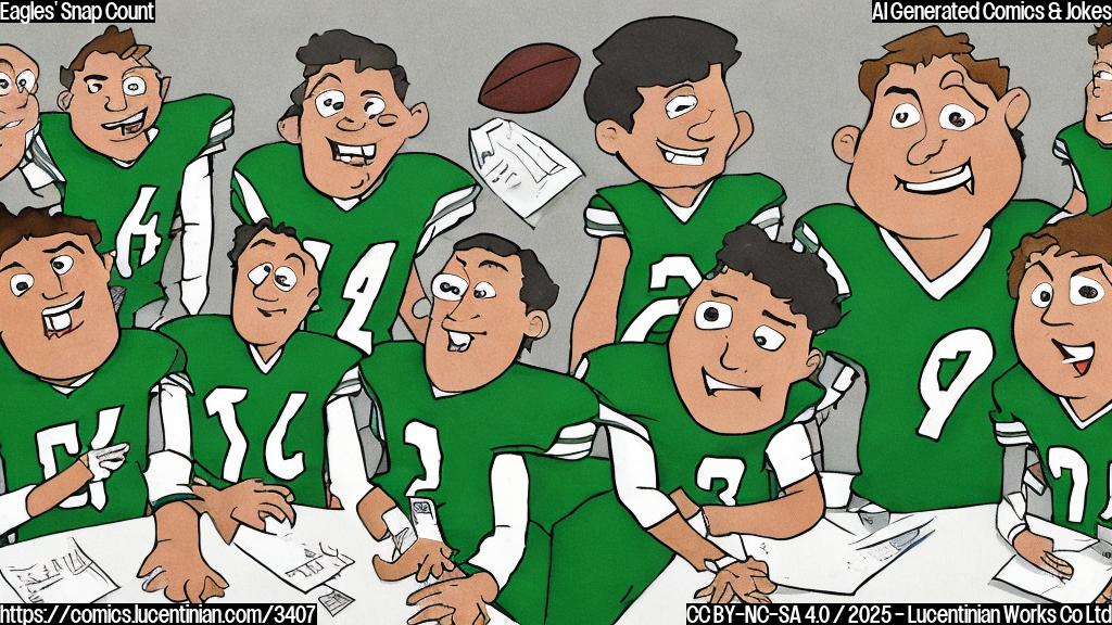 A group of cartoon football players in plain colors, sitting around a table with papers spread out. They have serious expressions on their faces. The background is a plain green color.