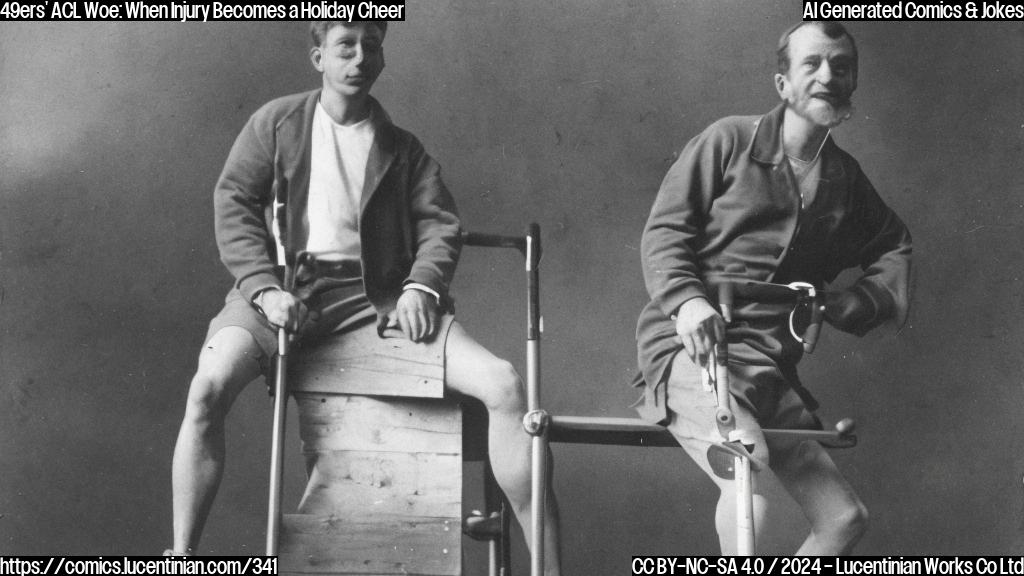A person is sitting on a bench, wearing athletic gear and holding a crutch. The person has a disappointed expression on their face, with a faint image of a ladder in the background.