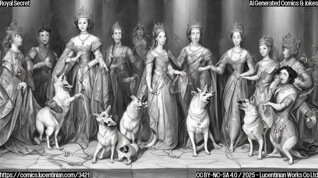 A cartoon drawing of a queen with a crown and many corgis surrounding her. The drawing is in a plain color style, with no background.