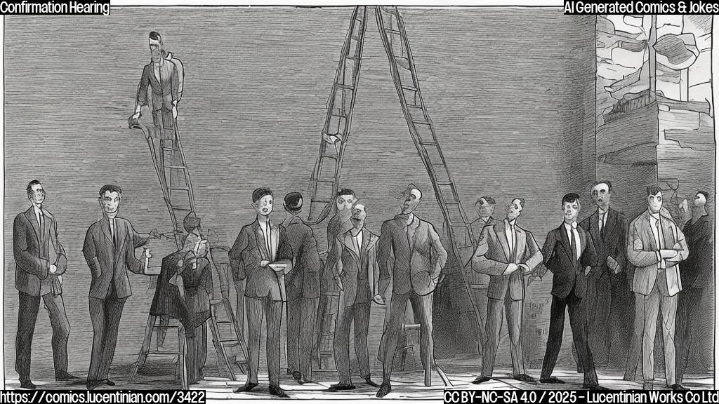 A plain color cartoon of a person in a suit standing before a group of people in suits, with a ladder leaning against a table in the background. The style should be simple and flat, using only a few colors.