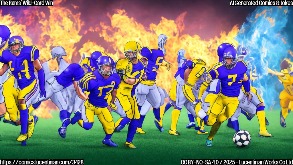 A cartoon of two football teams, one in blue and yellow uniforms, and the other in purple and yellow uniforms, playing a football game on a field in front of a burning background. The blue and yellow team is winning, and their players are celebrating. The style should be plain color cartoon. The background should be plain color as well.