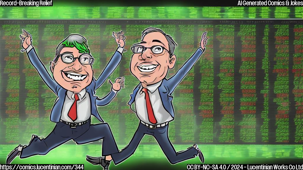 Colorful cartoon of an investor (a smiling person with glasses) jumping up and down in front of a large stock market ticker display. The ticker is showing rising stock prices, with Nvidia and Apple stocks highlighted in bright green. In the background, there are confused-looking investors watching from a distance.