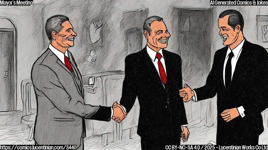 A cartoon drawing of a mayor, in a simple suit, shaking hands with a man in a suit.  Both are smiling but the mayor looks slightly more cautious. Use a plain color palette. Background is a plain light-grey.