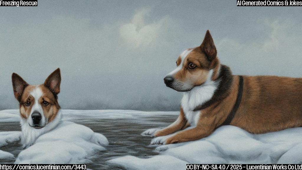 A simple cartoon drawing of a dog, with a light brown and white coat, shivering on the bank of a river in winter. The dog looks cold and wet. The background is plain light blue, representing the sky. The style is simple and flat.