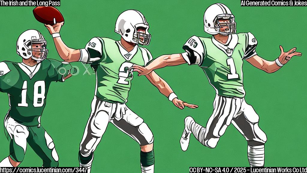 A cartoon of a football quarterback throwing a football towards a translucent figure in a football stadium; simple flat color cartoon style; pale green background