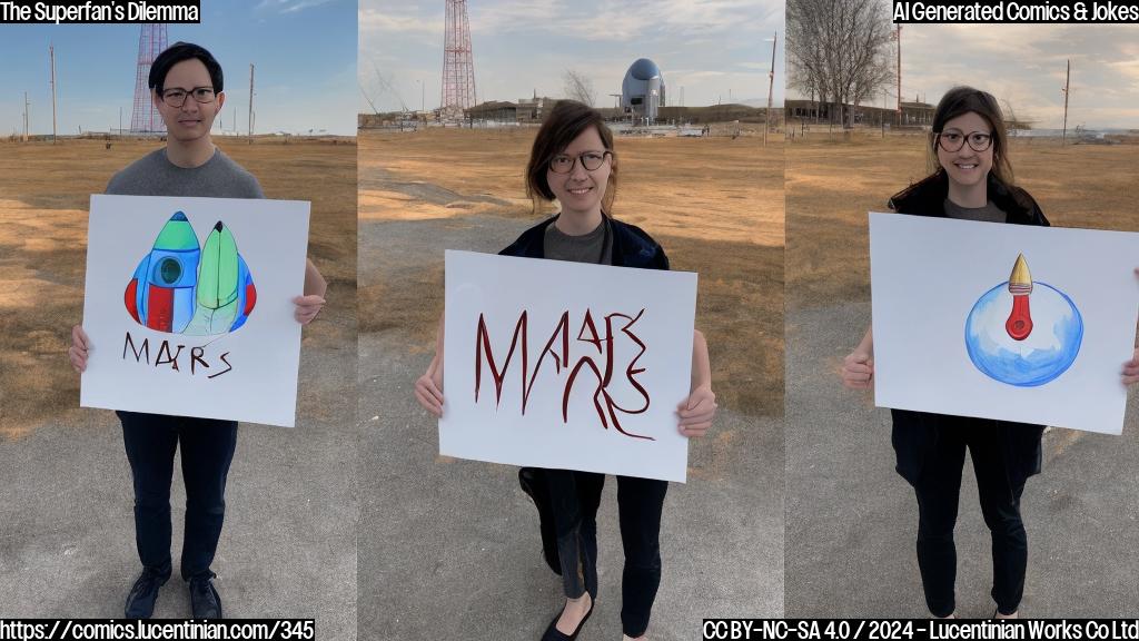 A person holding a homemade sign with a crude drawing of a rocket ship and the words "Mars 2024" on it, standing in front of a white background with a subtle gradient effect to give it a futuristic feel.