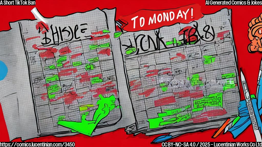 A cartoon drawing in plain colors of a calendar with a single red X marking a Sunday, and a speech bubble above it with a text that says "TikTok Ban" and the next Monday showing a green checkmark and the text that says "TikTok is back"