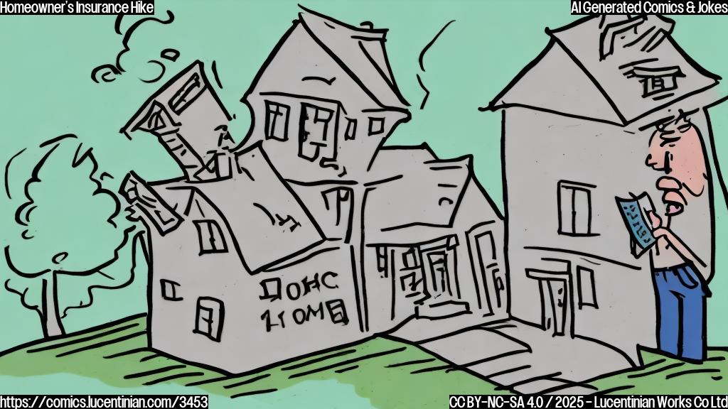 A simple cartoon drawing in plain colors showing a surprised homeowner looking pale while looking at a huge insurance bill, their house drawn in the background is precariously positioned on the edge of a cliff.