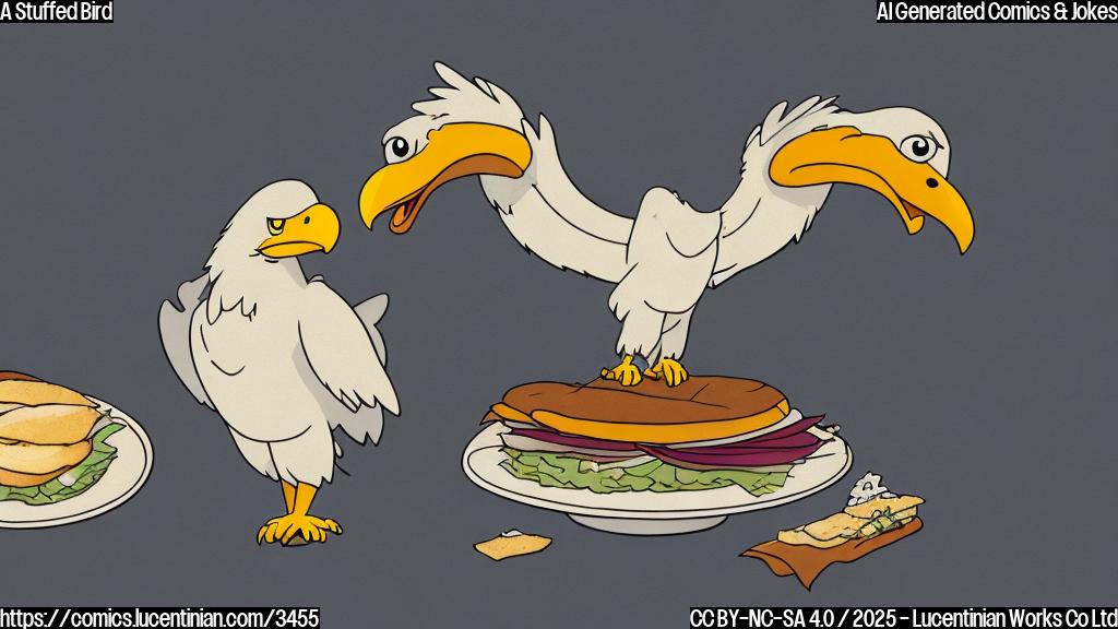 A cartoon drawing of a large eagle in plain colors, with a slightly chubby belly, looking satisfied and refusing a plate with a small sandwich on it. The style should be simple, and the color palette should consist of browns, beige and white.