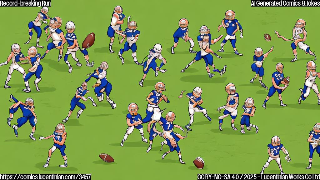 A cartoon drawing of a football team carrying a tall ladder onto a plain green field with plain color cartoon style.