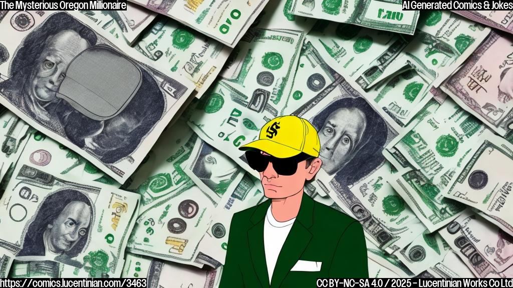 A cartoon of a person in a large oversized sunglasses and a simple baseball cap, sitting behind a pile of money bags wearing a simple plain green suit. The background is a simple plain light yellow.