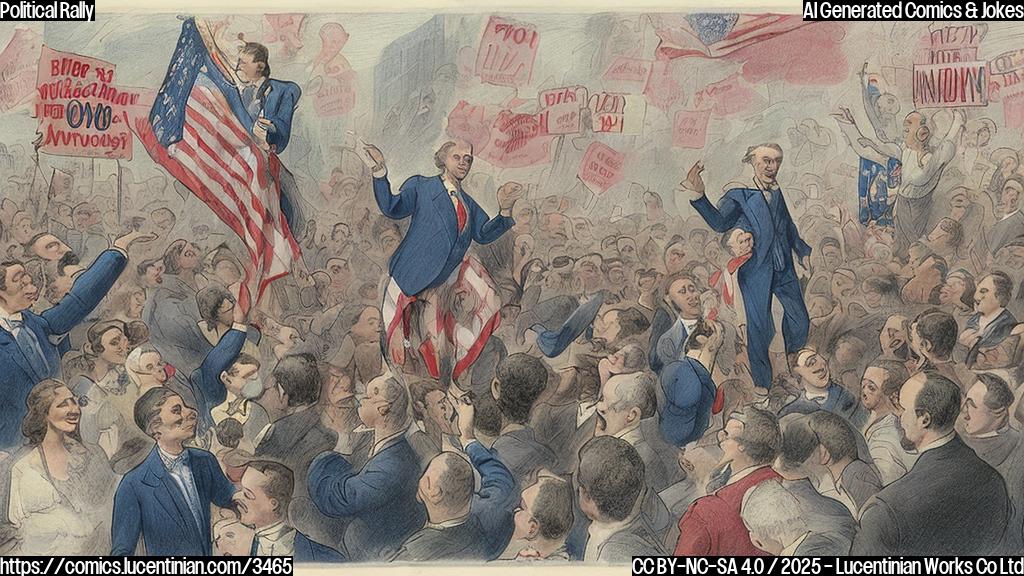 A plain color cartoon drawing of a politician standing on a ladder, addressing a crowd of happy supporters below. The politician is wearing a suit and tie, and the supporters are holding signs. The color palette should be limited to shades of red, white, and blue.