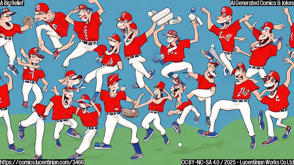 A cartoon drawing of a baseball team, in a plain color style, jumping up and down and celebrating. Their expressions should show happiness and relief. The background is a plain color, too.