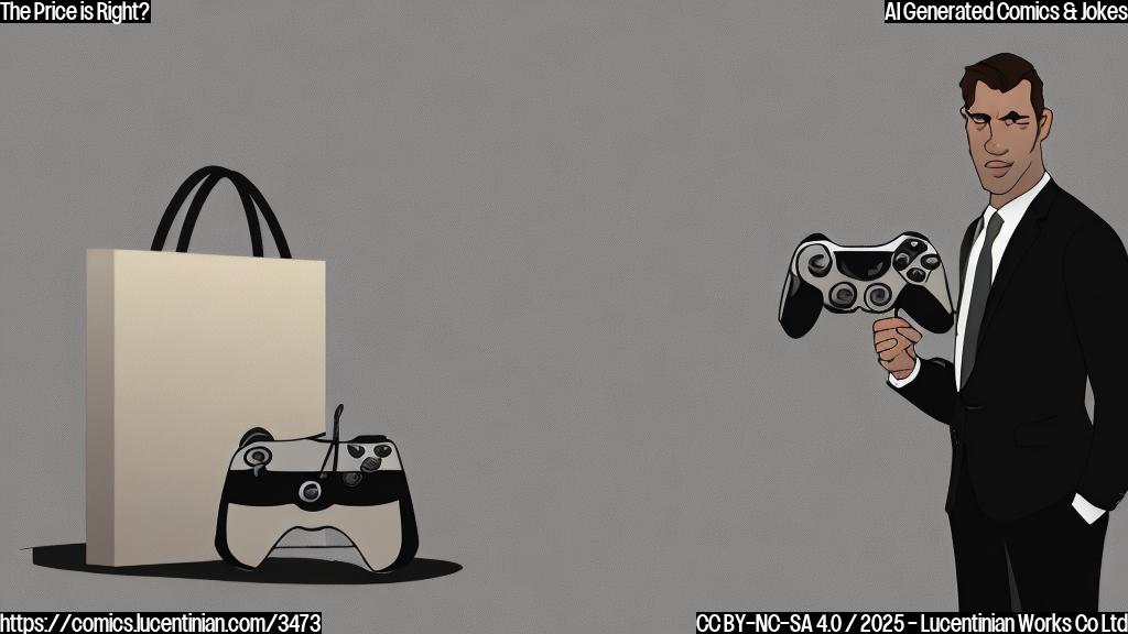 A simple cartoon drawing of a person in a dark suit looking sheepish and hiding a price tag behind their back, next to a large grey rectangular object representing the new game console.  The background is a plain light beige color.