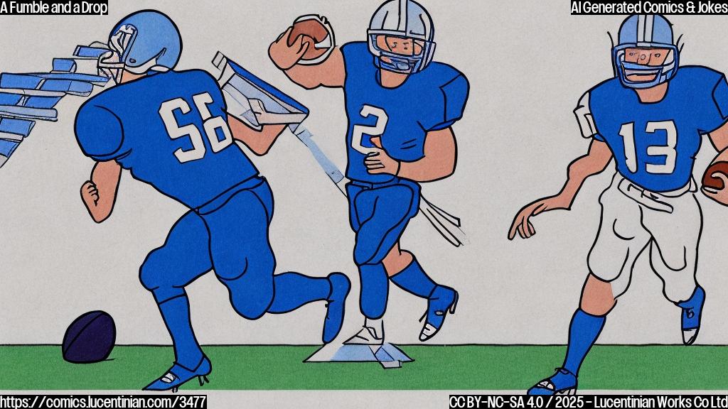 A cartoon of a football player in a plain blue uniform holding a ladder next to a football field, drawn in a simple, flat style with solid colors and no shading. The background should be a plain light green.