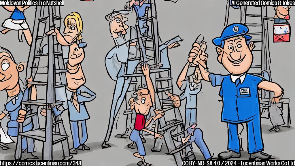 Draw a cartoon-style image of a person standing in front of a ladder, with a confident expression and a hint of a smile. The background should be a blurred representation of a polling station. The ladder should have a few rungs labeled with words like "democracy", "freedom", and "EU membership".