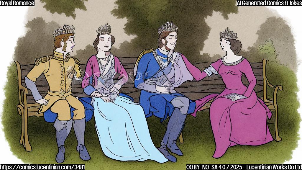 A cartoon drawing in plain color style of a sad prince and an actress sitting on a park bench, looking away from each other. The prince is wearing a crown. The actress is wearing a dress.