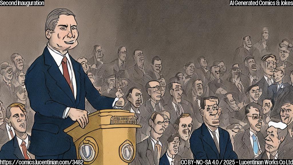 A cartoon drawing of a politician in a suit giving a speech at a podium in front of a crowd. The style is simple, with solid colors and no shading, in a plain pastel color palette. The expression on the politician's face is a mixture of smug and weariness.